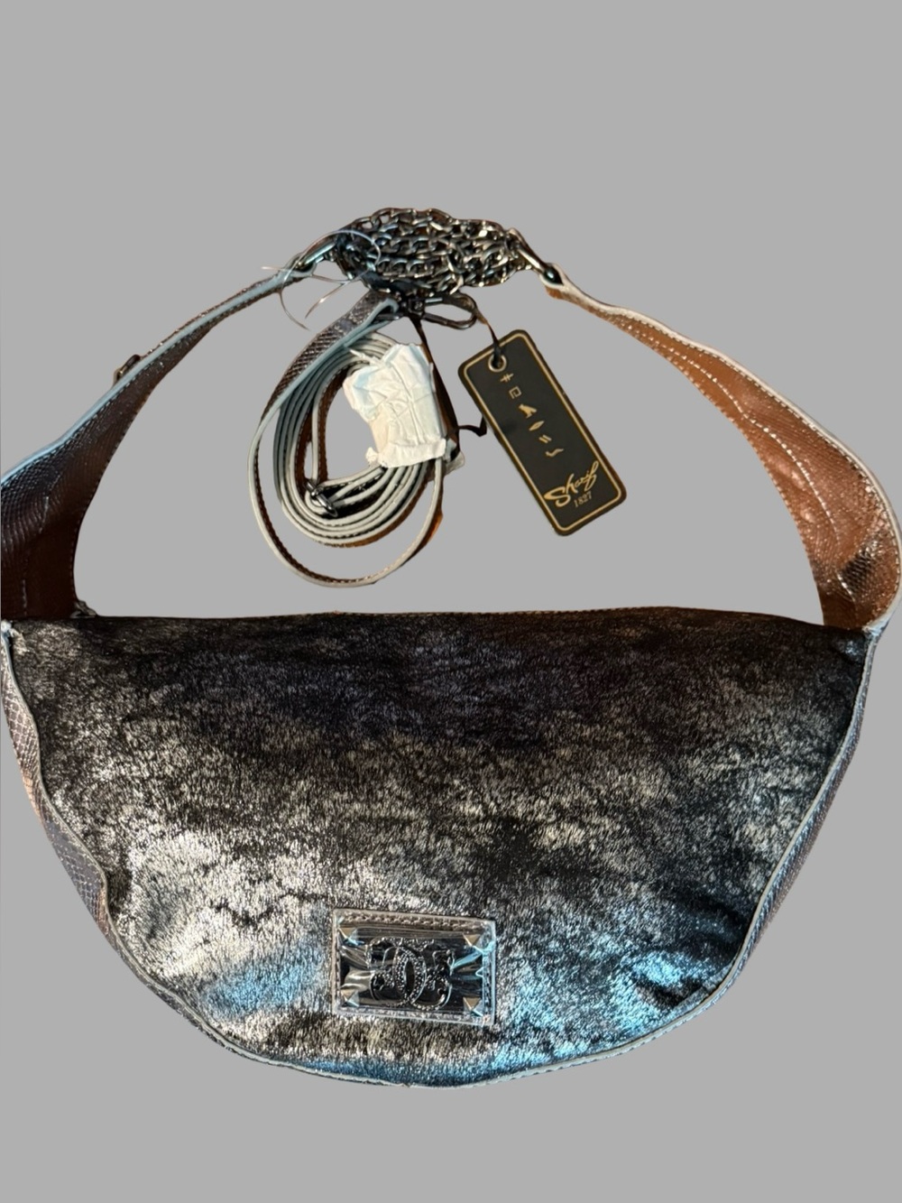 NWT Original by Sharif 1927 Calf Hair Metallic Silver Sling Bag – Convertible